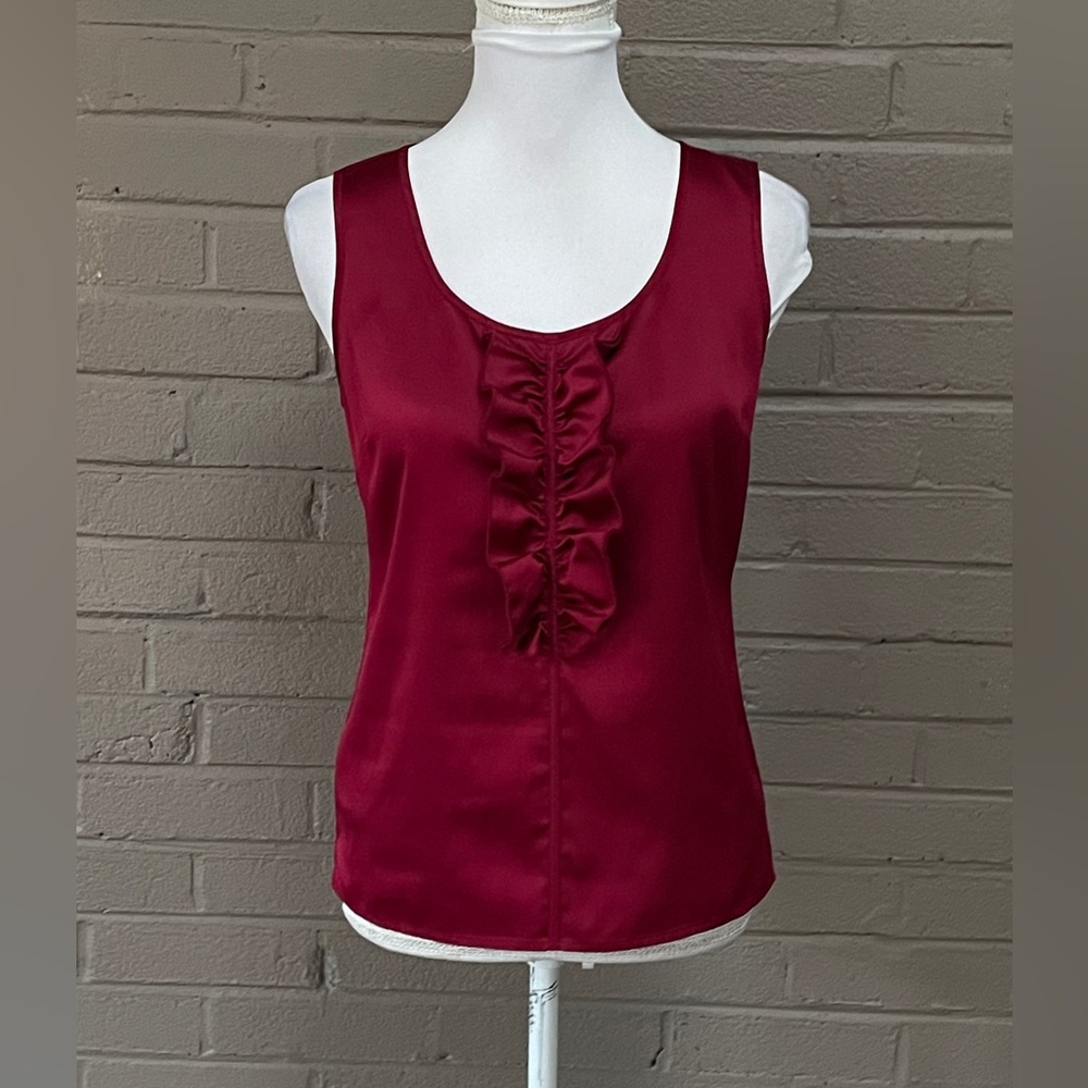 Ann Taylor Burgundy Sleeveless Ruffle Front Satin Tank